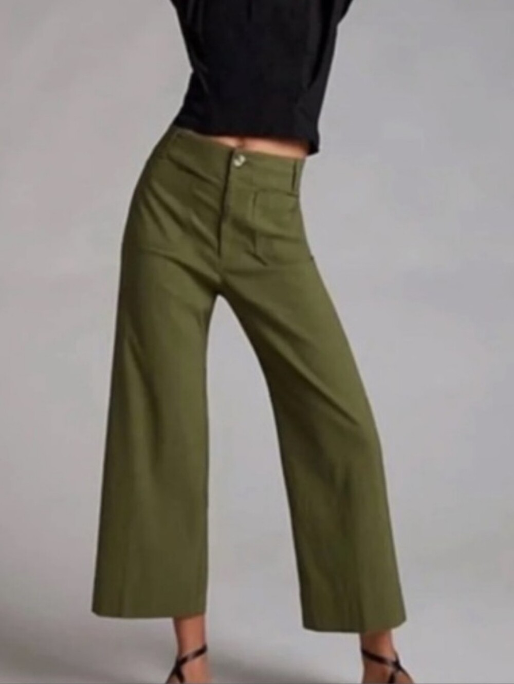 Maeve Colette Wide Leg Crop Pants Green Stretch Linen Blend Size 26 (2)